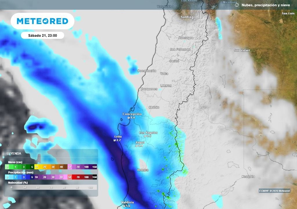 Las primeras precipitaciones aparecerán la noche del sábado en Ñuble y Biobío, avanzando rápidamente hacia el norte y configurando el evento de lluvias del domingo en la zona central.