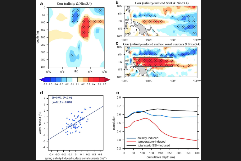 Esta figura multipanel ilustra la relación entre las anomalías de salinidad primaverales en el Pacífico occidental tropical y el desarrollo de El Niño durante el invierno siguiente. Destaca cómo los cambios en la altura de la superficie del mar y las corrientes superficiales hacia el este, impulsados por la salinidad, están estrechamente correlacionados con el índice Niño3.4, lo que demuestra el papel de la salinidad en la amplificación de la intensidad de El Niño. Crédito: Liu et al., 2026.