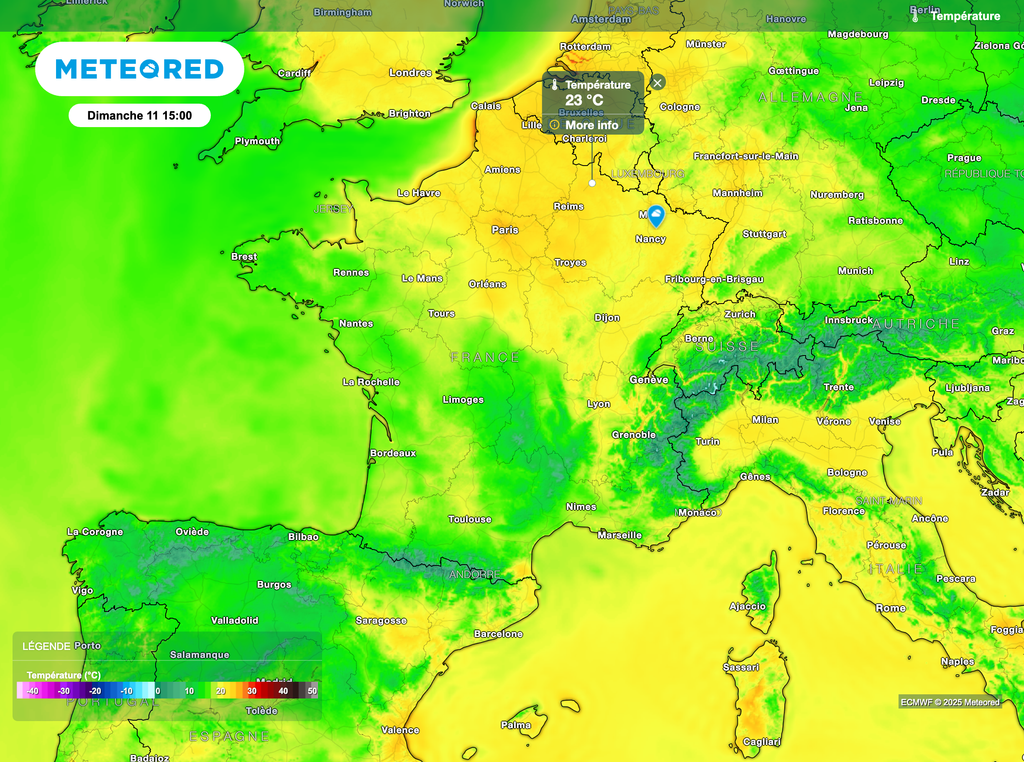 Grande douceur à l'avant de la zone pluvio-orageuse sur un bon quart nord-est. Grande douceur à l'avant de la zone pluvio-orageuse sur un bon quart nord-est.