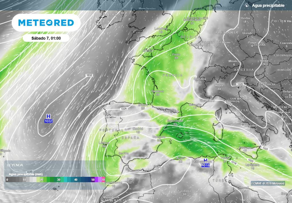 El río atmosférico mediterráneo puede impactar en el este-noreste desde el jueves, intensificando las lluvias.