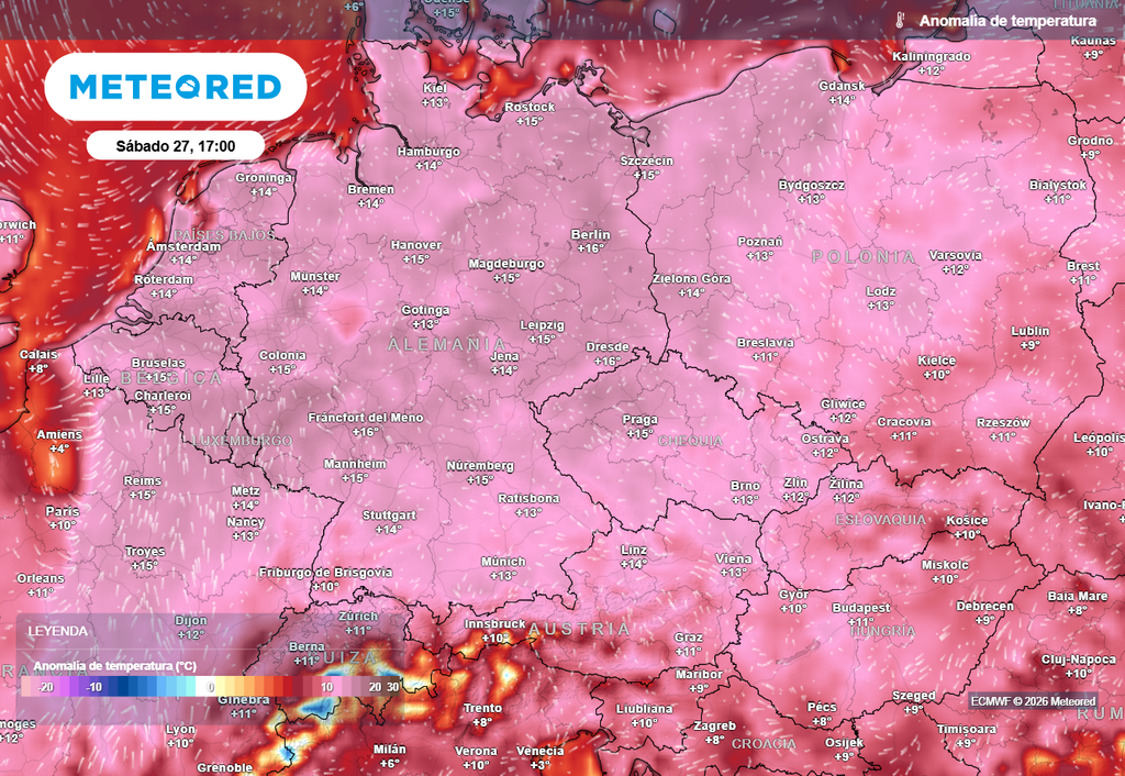 El mapa de anomalías térmicas es muy contundente para este fin de semana: en muchas zonas de Centroeuropa los valores máximos se situarán entre 10 y 15 ºC por encima de la media de la época.