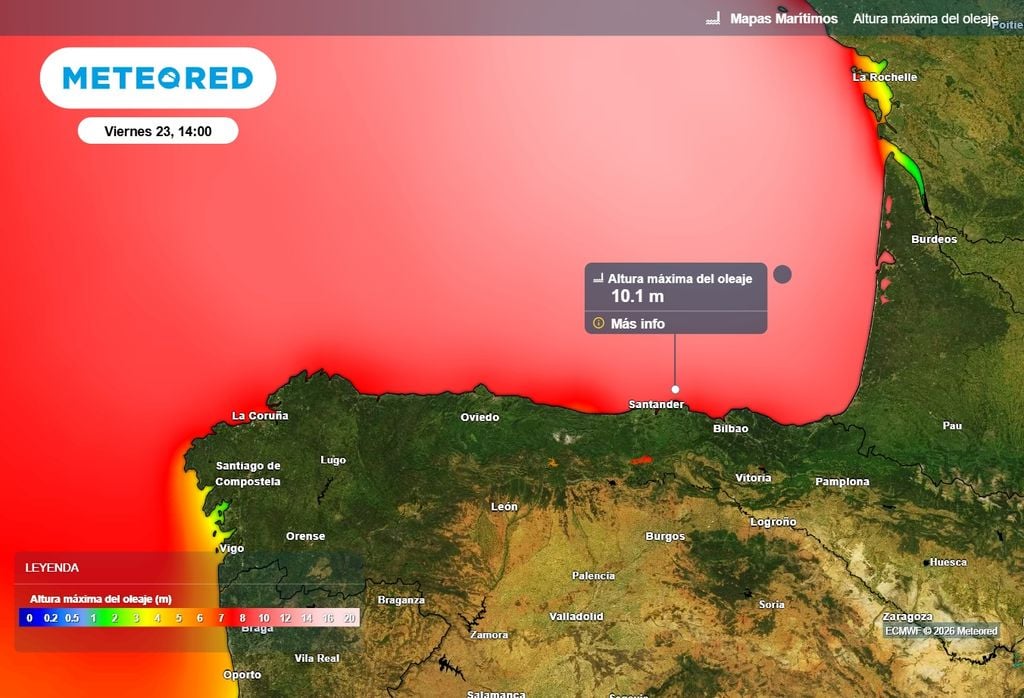 Algunas olas aisladas pueden pasar de los 10 metros en el entorno de Galicia y el Cantábrico.