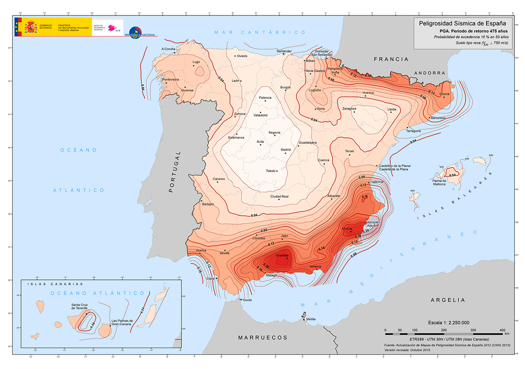 terremoto Espanha Mapa de risco sísmico da Espanha em 2015 (em valores de aceleração). Fonte: IGN.