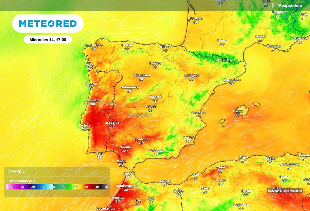 En los valles del suroeste podrían alcanzarse puntualmente los 32-33 ºC.