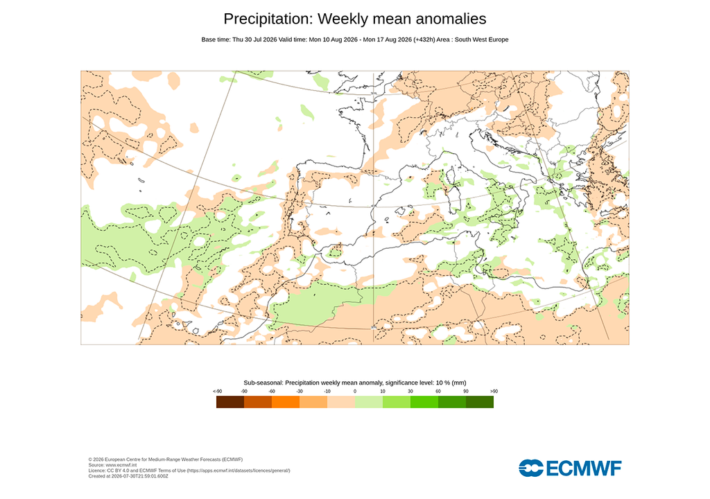 Per la settimana dell'eclissi non emerge ancora una tendenza significativa riguardo alle precipitazioni, anche se nel settore orientale compaiono alcune deboli anomalie positive. Quei giorni potrebbero rappresentare il passaggio verso una fase meteorologica più instabile.
