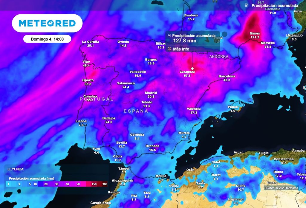En lo que queda de semana la lluvia llegará a gran parte de España, con acumulados que pueden superar los 100 l/m2 en algunas zonas entre el jueves y el domingo.