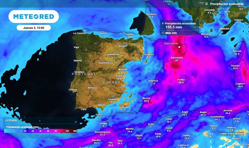 El modelo europeo contempla acumulados significativos de precipitación en zonas del este y Baleares con esta dana retrógada, aunque la incertidumbre sigue siendo alta.