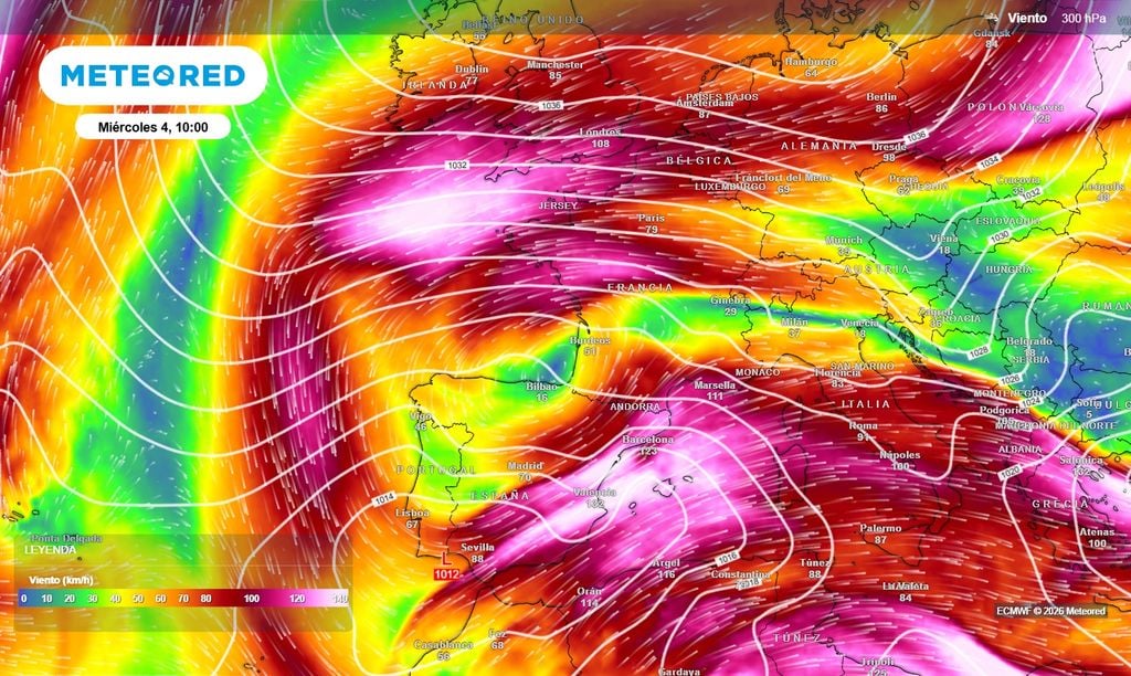La dana se descolgará sobre el centro o norte de la Península. Vientos previstos a unos 9000 m para el miércoles.