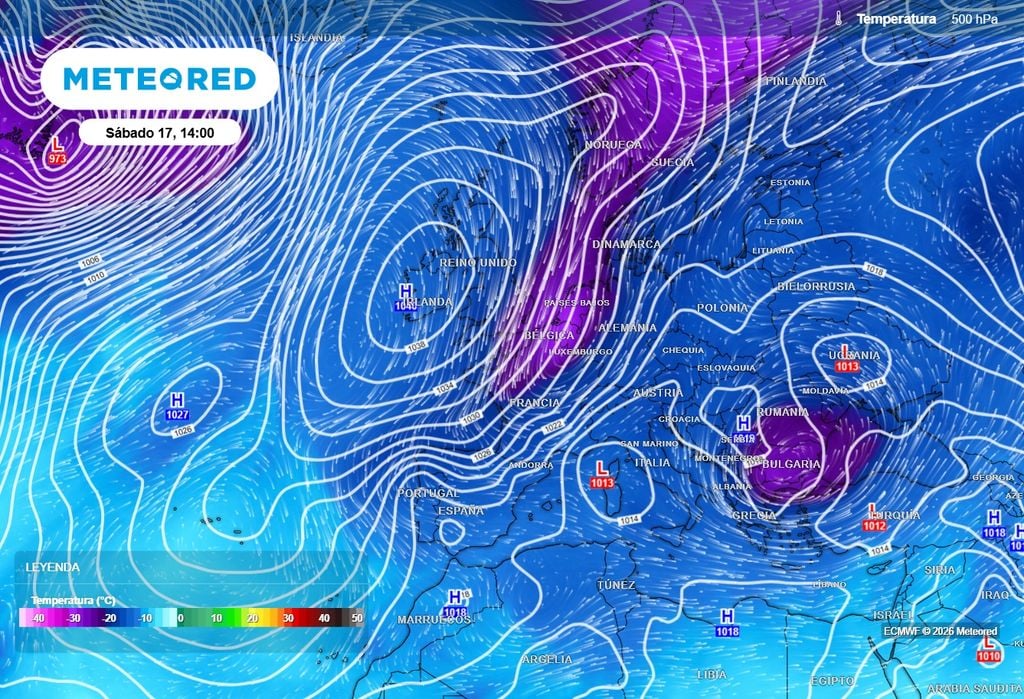 Esta configuración podría favorecer la llegada de aire frío procedente de latitudes más altas desde el sábado. Situación prevista a unos 5500 m.