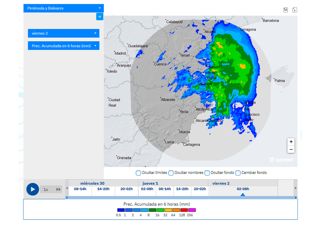 Precipitación estimada en 6 horas durante la pasada madrugada por el radar de Valencia. Fuente: AEMET.