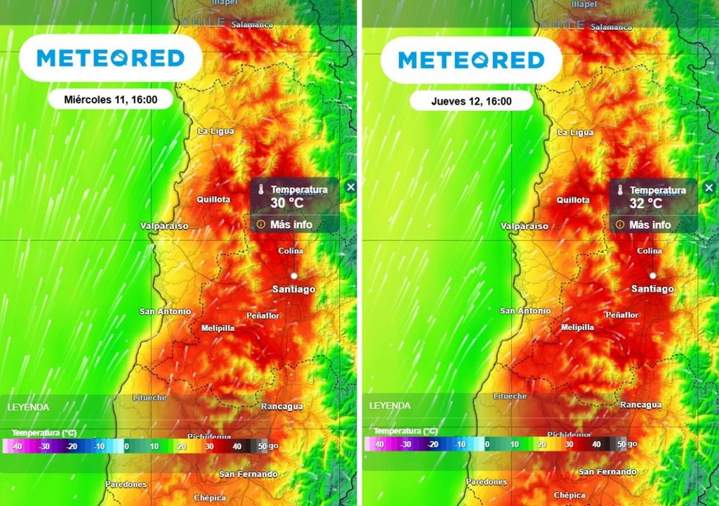 A la izquierda, se visualizan las temperaturas pronosticadas para este miércoles: en comparación con las esperadas para el jueves (a la derecha), podríamos presentar un leve aumento.