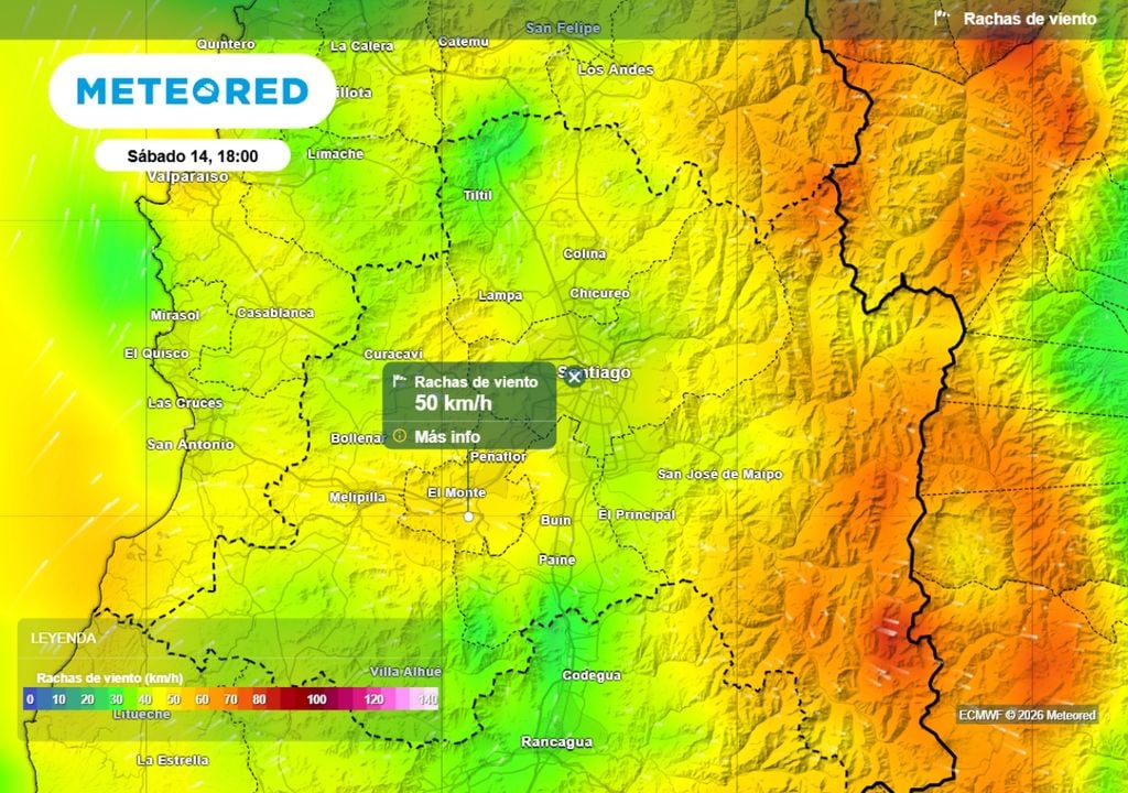 Los vientos estarán moderados en la tarde de San Valentín, con rachas de hasta 50 km/h en localidades del surponiente de la RM.