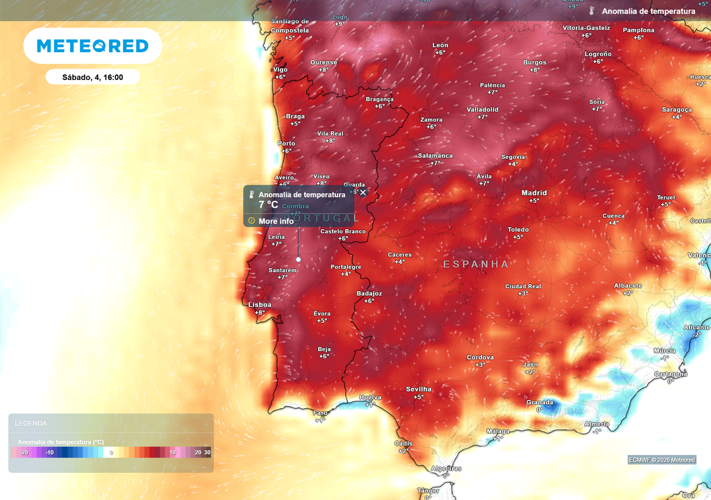 No sábado, dia 4 de abril, espera-se um novo aumento generalizado das temperaturas máximas, tornando as anomalias térmicas positivas mais evidentes.