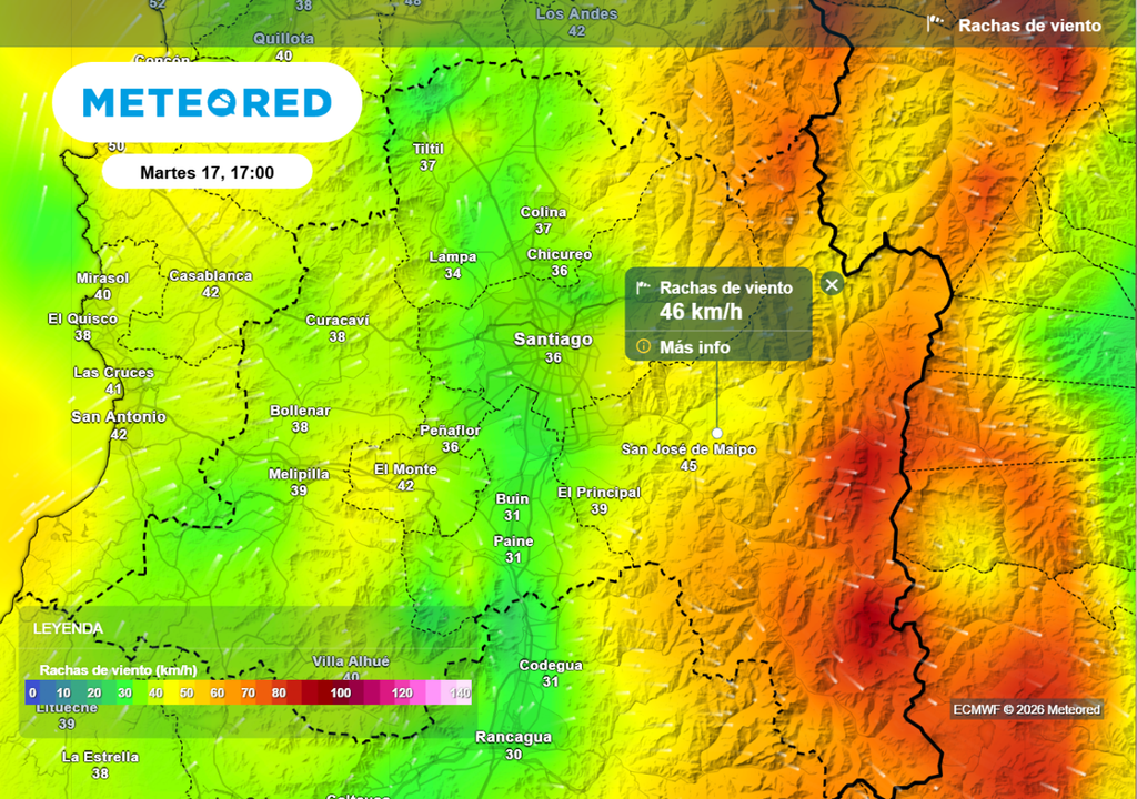 Rachas de viento Rachas de viento podrían superar los 45 km/h en la RM e incrementar el peligro de incendios forestales.