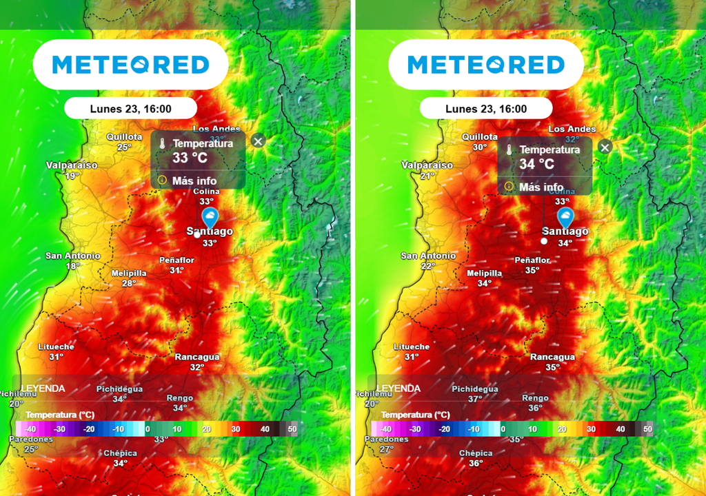 Modelo GFS (imagen derecha) indica temperaturas más elevadas en Santiago y la RM: Quinta Normal llegaría a cerca de 34 °C el lunes.