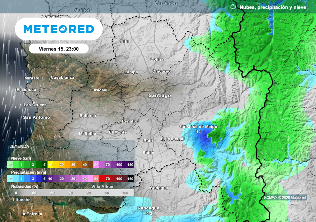 Modelo ECMWF prevé chubascos en zonas de la precordillera y cordillera metropolitana este viernes.