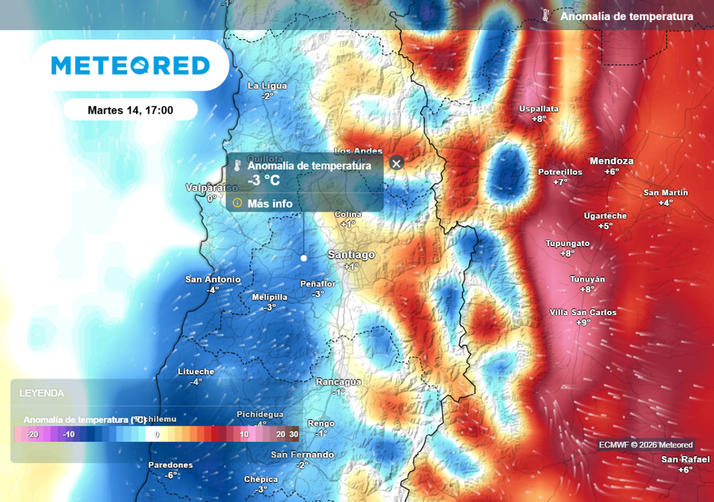 El próximo martes se espera otra baja térmica en Santiago: temperaturas se moverían entre 22 y 23 °C en el centro de la ciudad.