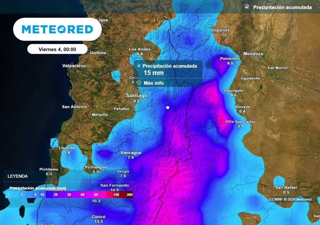 Precipitación acumulada Mientras en Santiago habrá muy baja probabilidad de lluvias, hacia zonas cordilleranas los acumulados podrían superar los 10 mm entre miércoles y jueves.