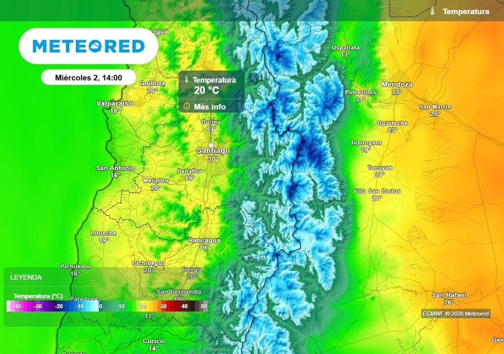 Temperatura máxima Este miércoles los termómetros voverían a acercarse a los 20 °C en el centro de Santiago, según el ECMWF.