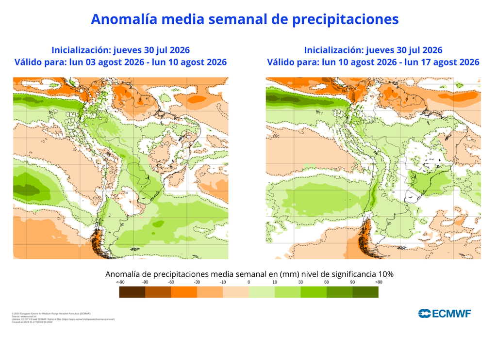 Anomalías de precipitaciones La primera semana de agosto verá las lluvias disminuidas en Santiago, mientras en la segunda semana (imagen derecha) podrían regresar nuevos sistemas frontales.