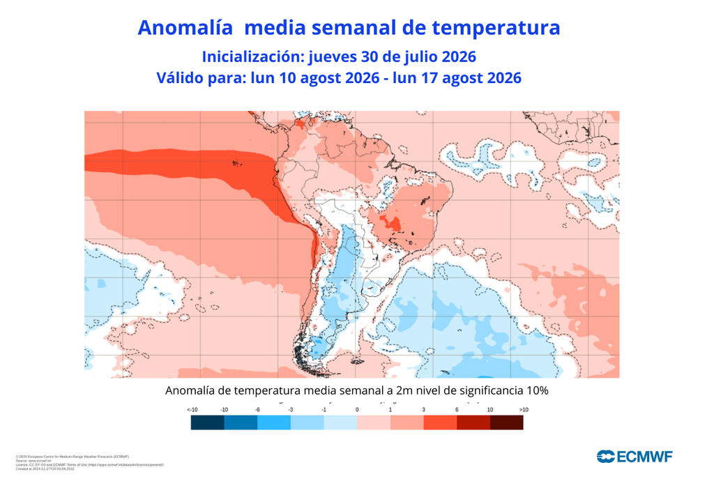 Temperaturas ECMWF muestra anomalías de temperatura sobre el promedio para zonas del litoral central y valles durante el 10 y el 17 de agosto.