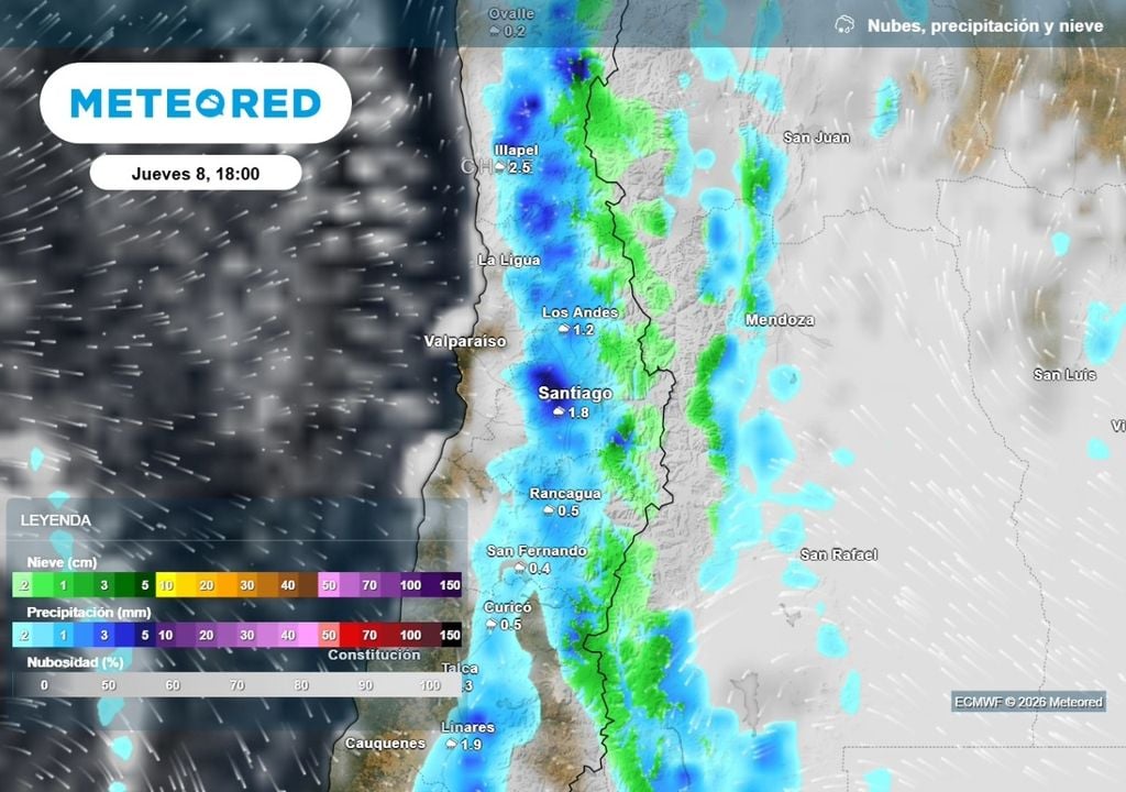 Las últimas precipitaciones del evento llegarían el jueves a Santiago, según indica el modelo ECMWF.