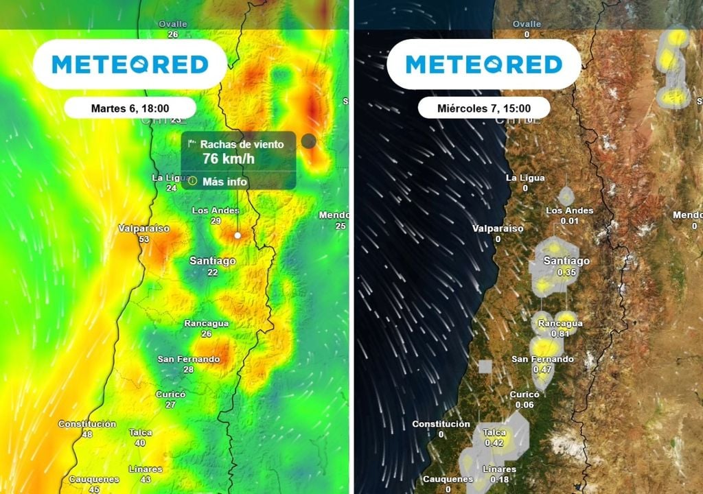 Mapas del modelo europeo muestran fuertes vientos en la cordillera y probables tormentas eléctricas en Santiago.