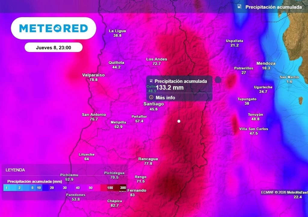 Más de 40 mm en Santiago, pero hacia la cordillera los montos se duplicarían, según el ECMWF.