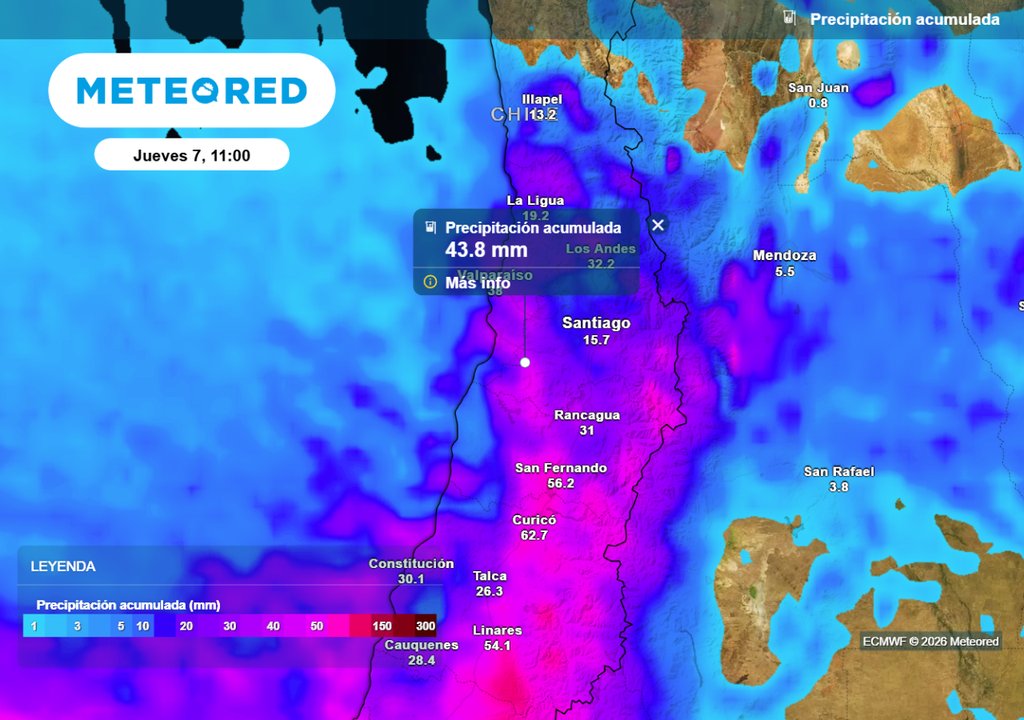 Si bien es pronto para hablar de acumulados, el ECMWF prevé que las lluvias logren alcanzar el Norte Chico de Chile.