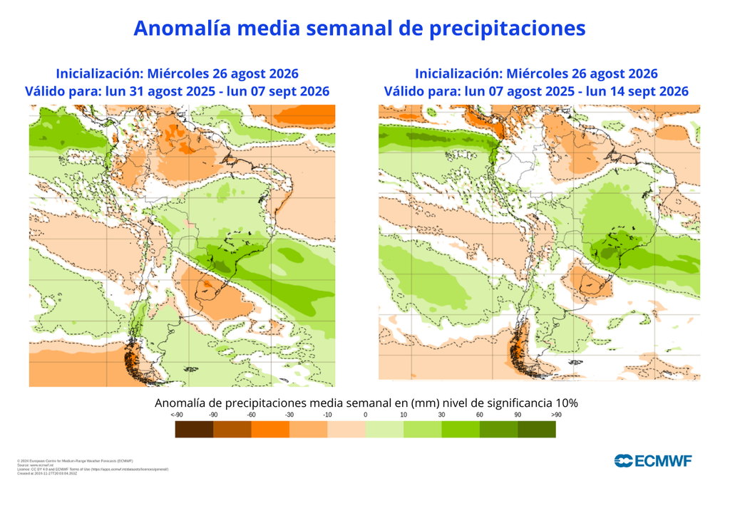 Anomalías de precipitaciones Si bien la primera quincena de septiembre estaría marcada por lluvias en la zona central, entre el 7 y el 14 el ECMWF prevé más lluvias en Santiago.