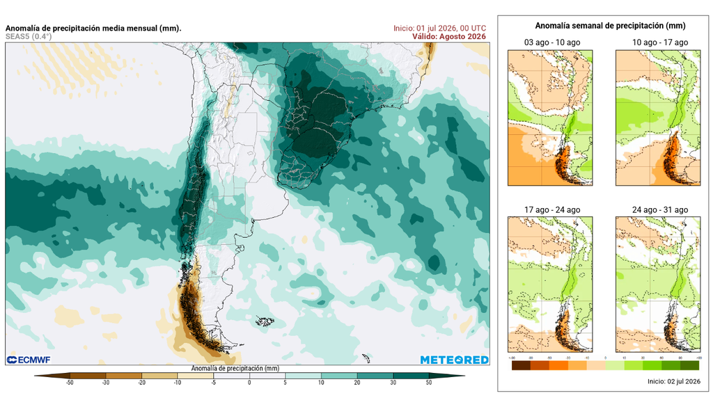 pronóstico de ECMWF/METEORED Los pronósticos de Meteored, respaldados por el ECMWF, proyectan un patrón lluvioso durante gran parte de agosto sobre la Región Metropolitana y Chile Central.
