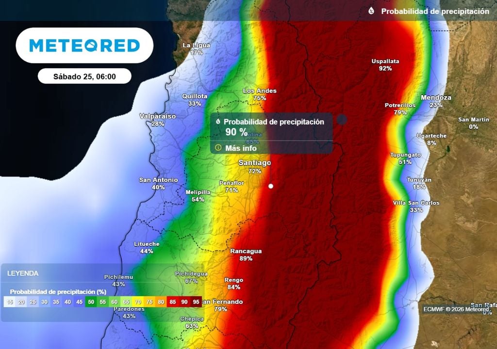 El modelo europeo muestra como algunos sectores de Santiago presentan probabilidad de lluvias que ronda el 90 % el sábado.