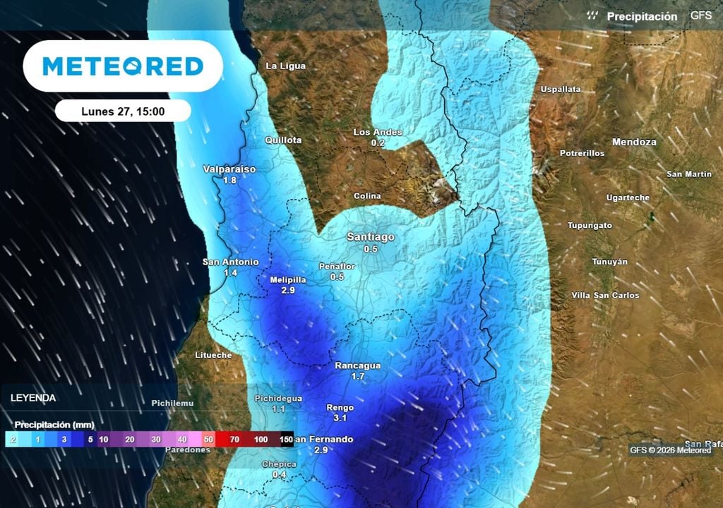 GFS norteamericano prevé un evento más débil para Santiago el próximo lunes: se concentraría al sur de la capial.