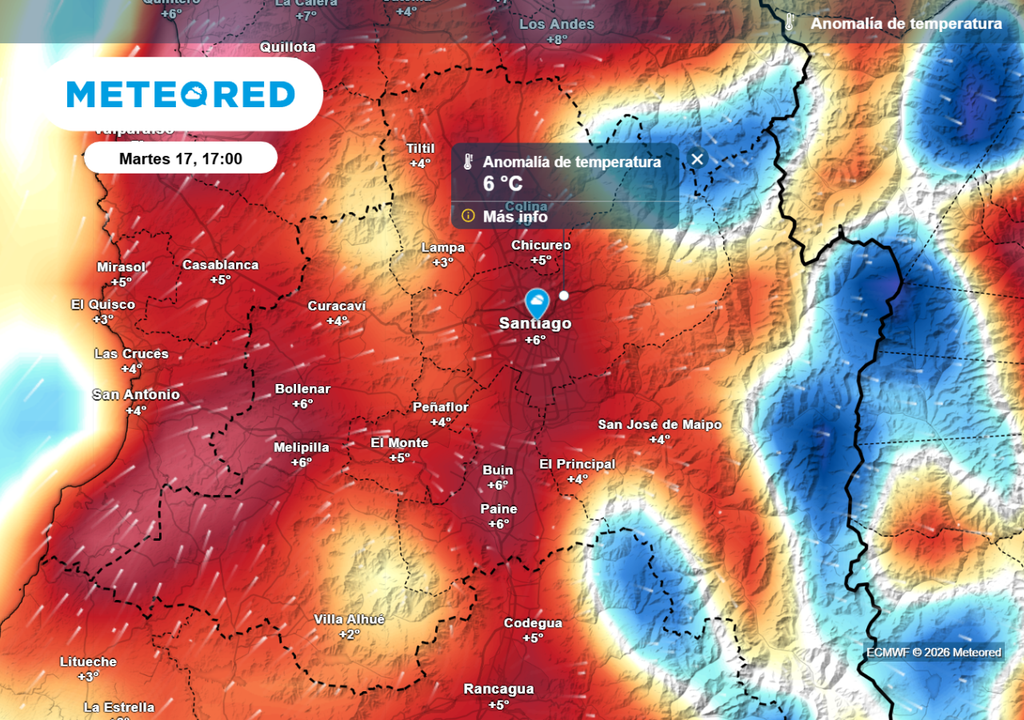 Altas temperaturas seguirán presente este martes en Santiago y la RM: así lo muestran los mapas de anomalías del ECMWF.