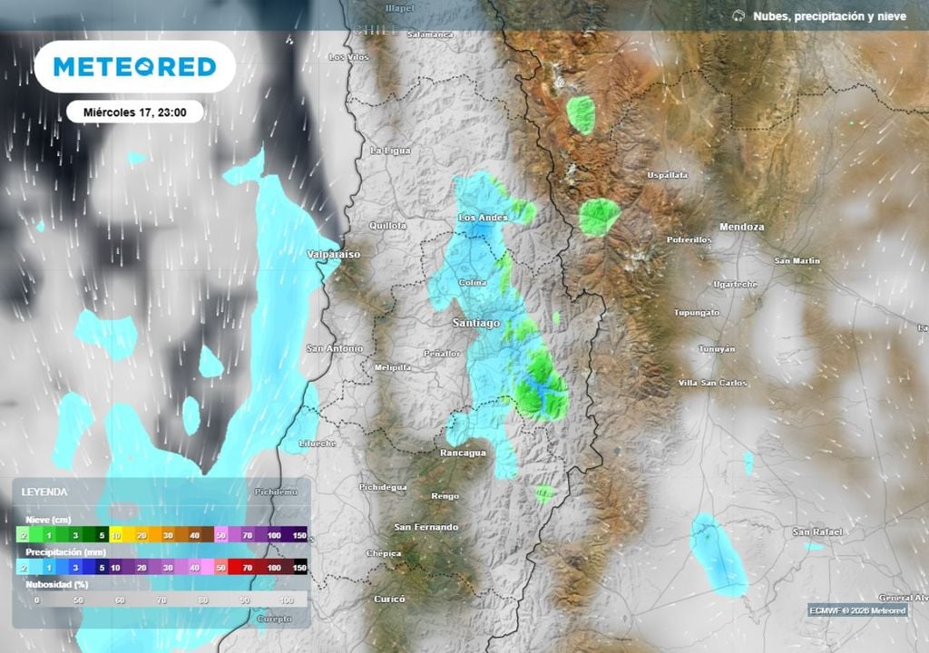 mapa de precipitaciones Este miércoles en la noche podrían presentarse chubascos de agua en precordillera y nieve en cordillera: no se descartan algunas gotas en la cuenca capitalina.