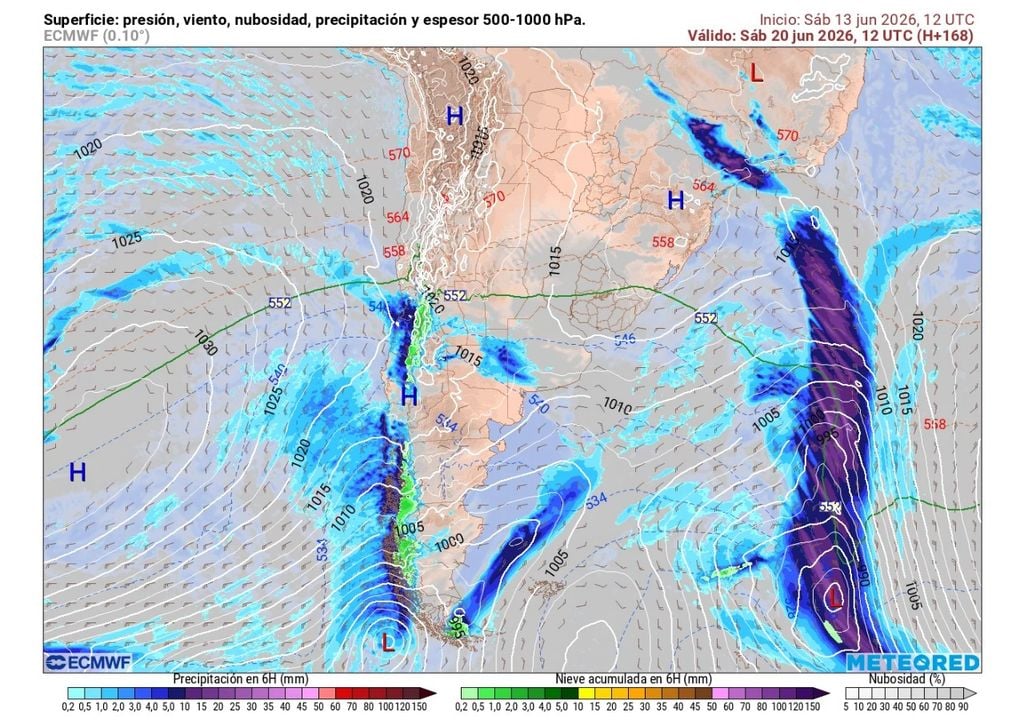 carta de presión en superficie y precipitación (ECMWF) Para el próximo fin de semana se visualiza la llegada de otro sistema frontal: ¿dejará lluvias en la zona central? Está aún por confirmar.