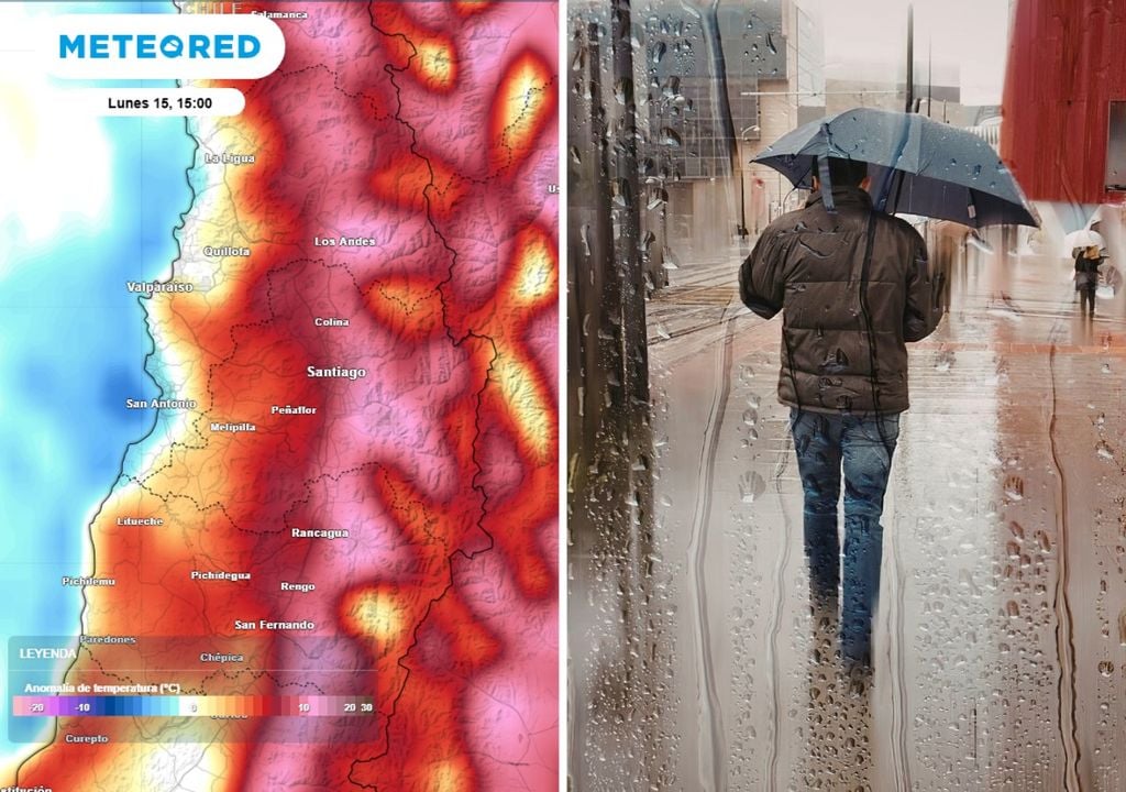 mapa de anomalía de temperatura / hombre con paraguas Esta semana llegan grandes cambios en el tiempo: pasaremos de más de 20 grados al posible regreso de las lluvias a la Región Metropolitana.