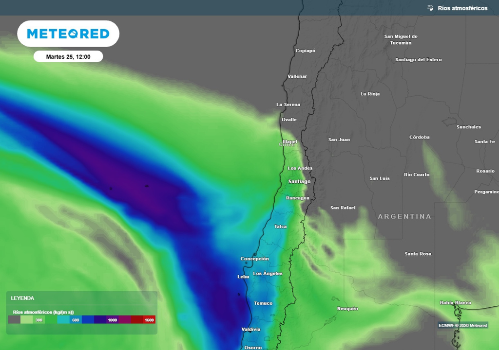 mapa de río atmosférico Se aproxima un río atmosférico al territorio central: llegará con categoría 1 a la RM.