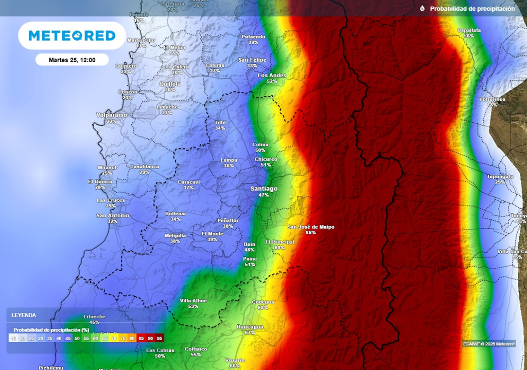 mapa de probabilidad de precipitación La probabilidad de que precipite en el valle durante el martes es aún baja: irá aumentando progresivamente al día siguiente.
