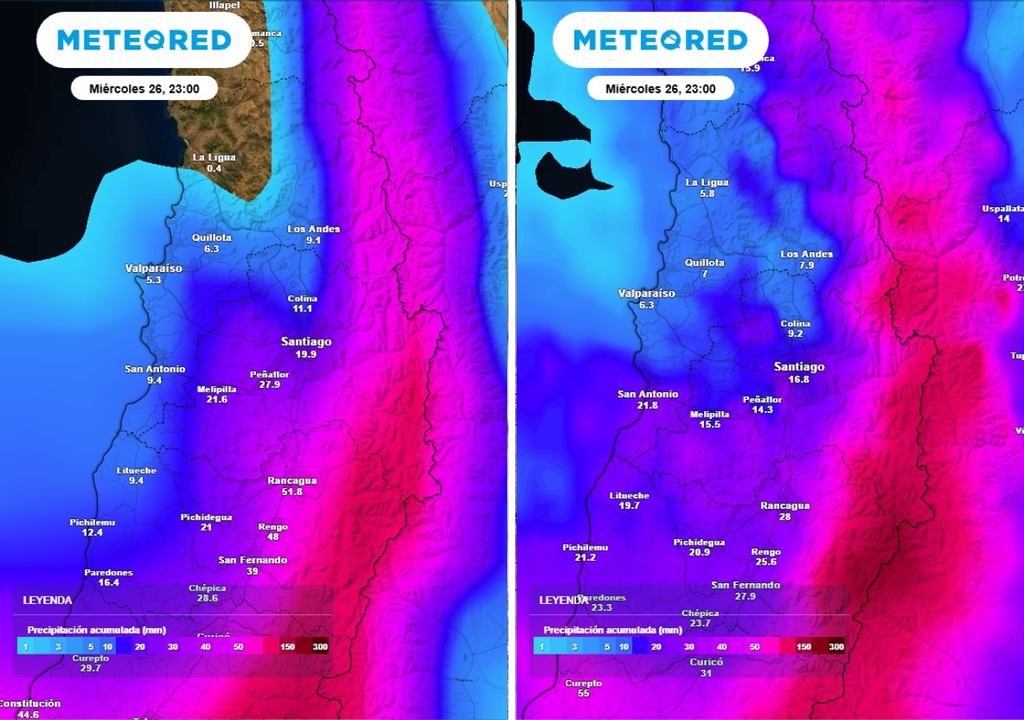 mapas de precipitación acumulada (GFS vs ECMWF) El modelo GFS estima un acumulado hasta el miércoles mayor que el ECMWF. A pesar de esto, ambos coinciden en que habrá mayores montos durante el miércoles.