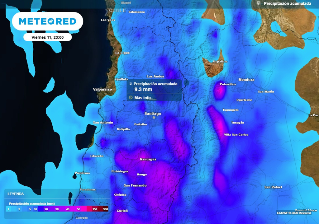 mapa de precipitación acumulada En total, podrían acumularse hasta 9 mm en el valle de la RM.