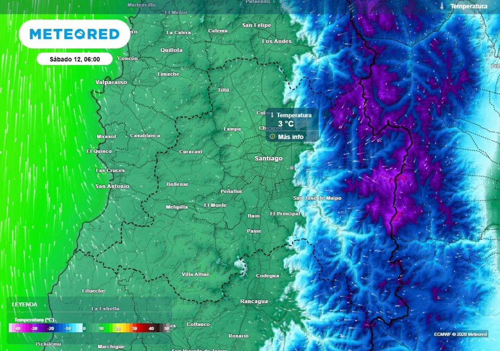 mapa de temperatura Las mínimas del sábado se presentarán bastante bajas, alcanzando valores cercanos a 0 °C.
