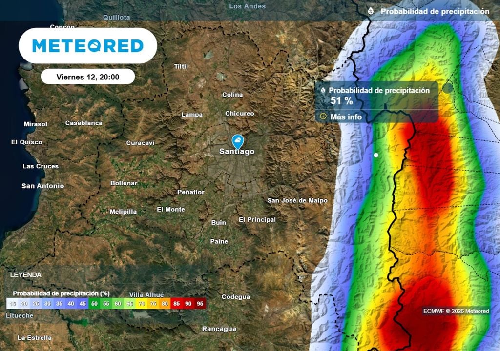 Probabilidad de precipitaciones En la alta cordillera la probabilidad de precipitaciones supera el 50 % este fin de semana en algunas zonas.
