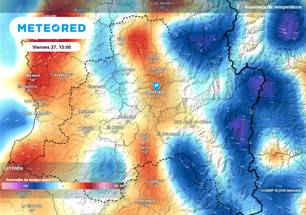 Mapas de anomalías del ECMWF muestran este viernes como el día más fresco de la semana en Santiago: el cambio se hará sentir.