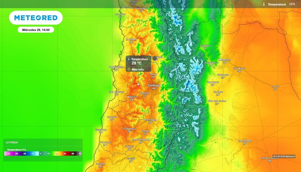 Modelo norteamericano GFS muestra altas temperaturas en Santiago este miércoles 28: se acercarían a los 30 °C.