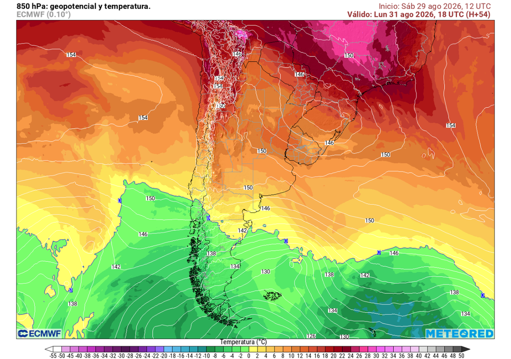 carta de geopotencial y temperatura en 850 hPa El lunes tendremos una configuración en altura que permitirá el alza térmica: gracias a una dorsal en altura las máximas sobrepasarán los 20 °C.