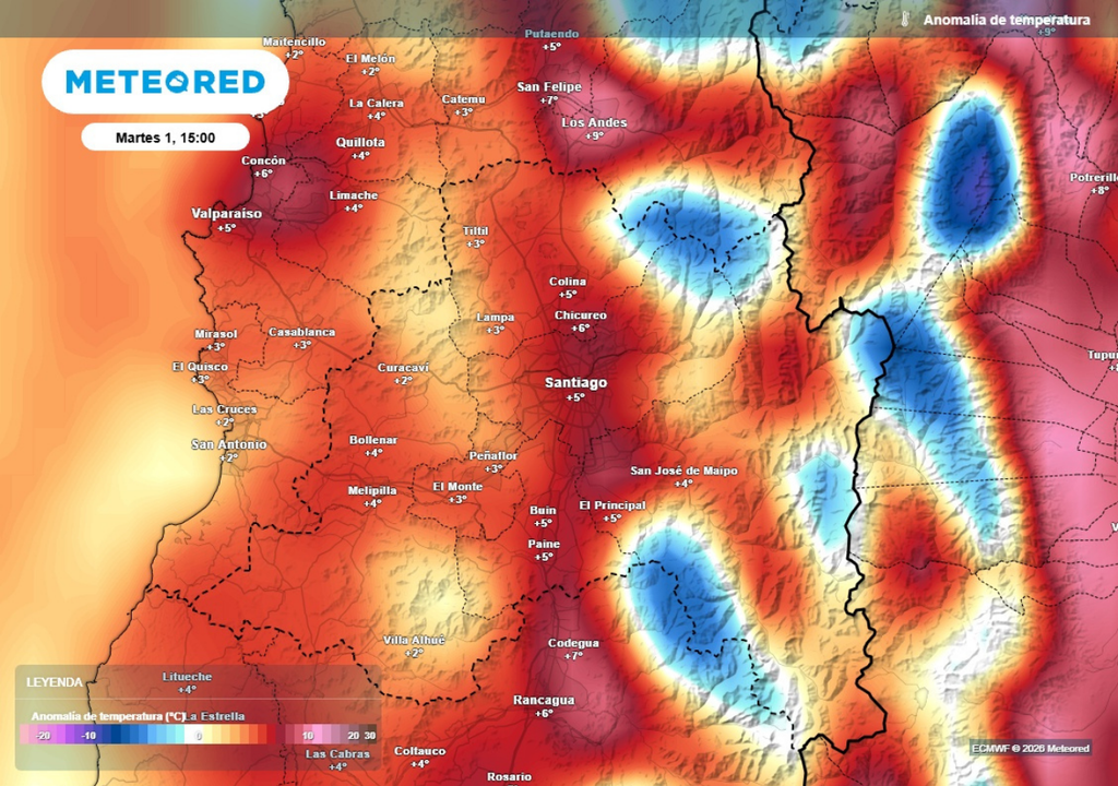 mapa de anomalía de temperatura Las máximas estarán por encima de lo normal para la época, con una anomalía de hasta 6 grados durante este martes.