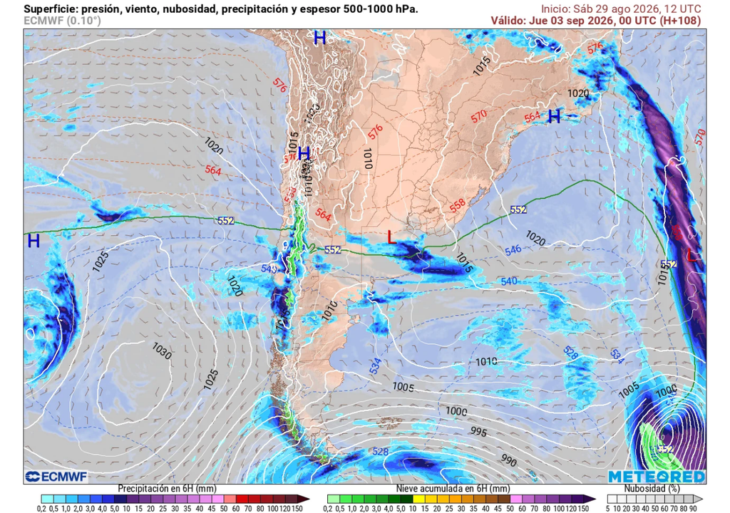 carta de superficie + precipitación Entre el miércoles y jueves se aproximará un frente en altura que podría dejar chubascos en la RM.