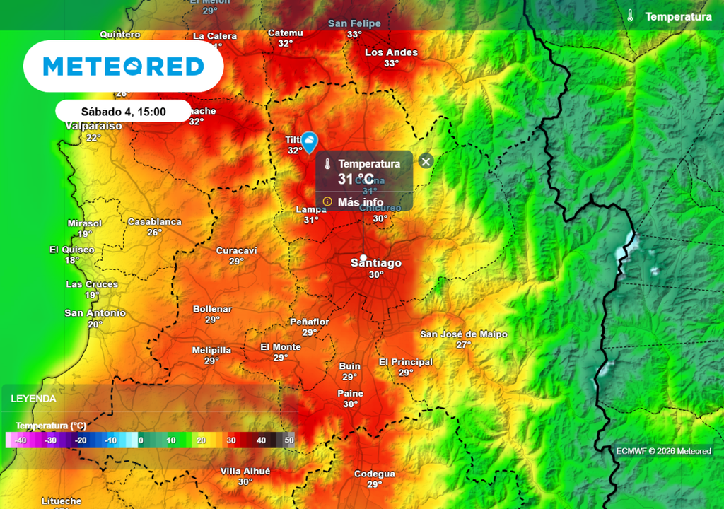 Temperaturas ECMWF Modelo ECMWF prevé temperaturas sobre los 30 °C este fin de semana largo en Santiago.