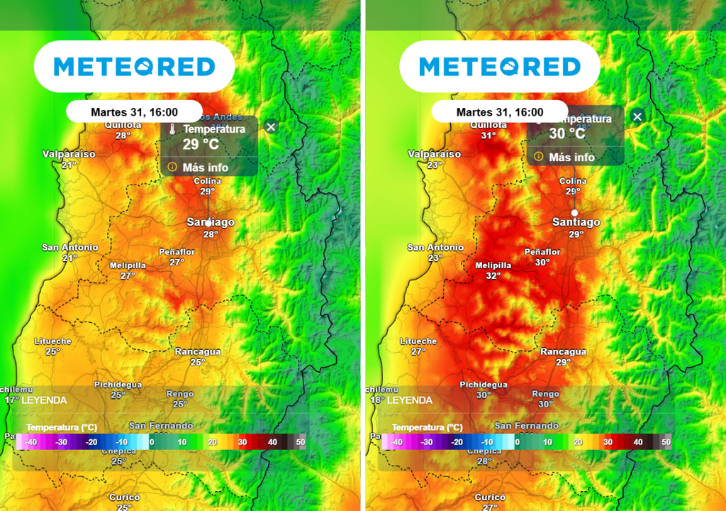 ECMWF y GFS Modelo GFS (imagen derecha) muestra los valores térmicos más elevados en Santiago durante la semana: cerca de 30 °C en la ciudad.